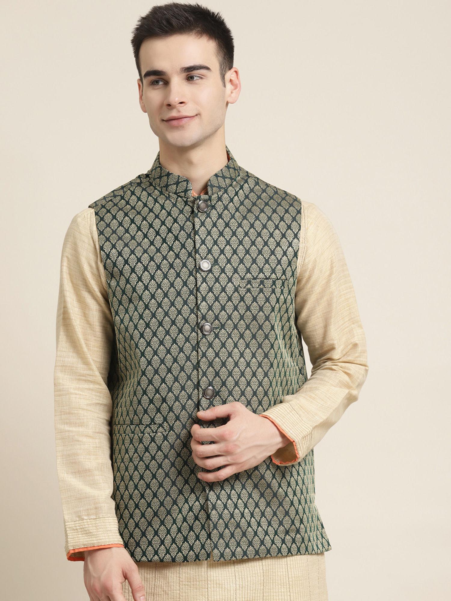 jacquard-silk-dark-green-self-design-only-nehru-jacket