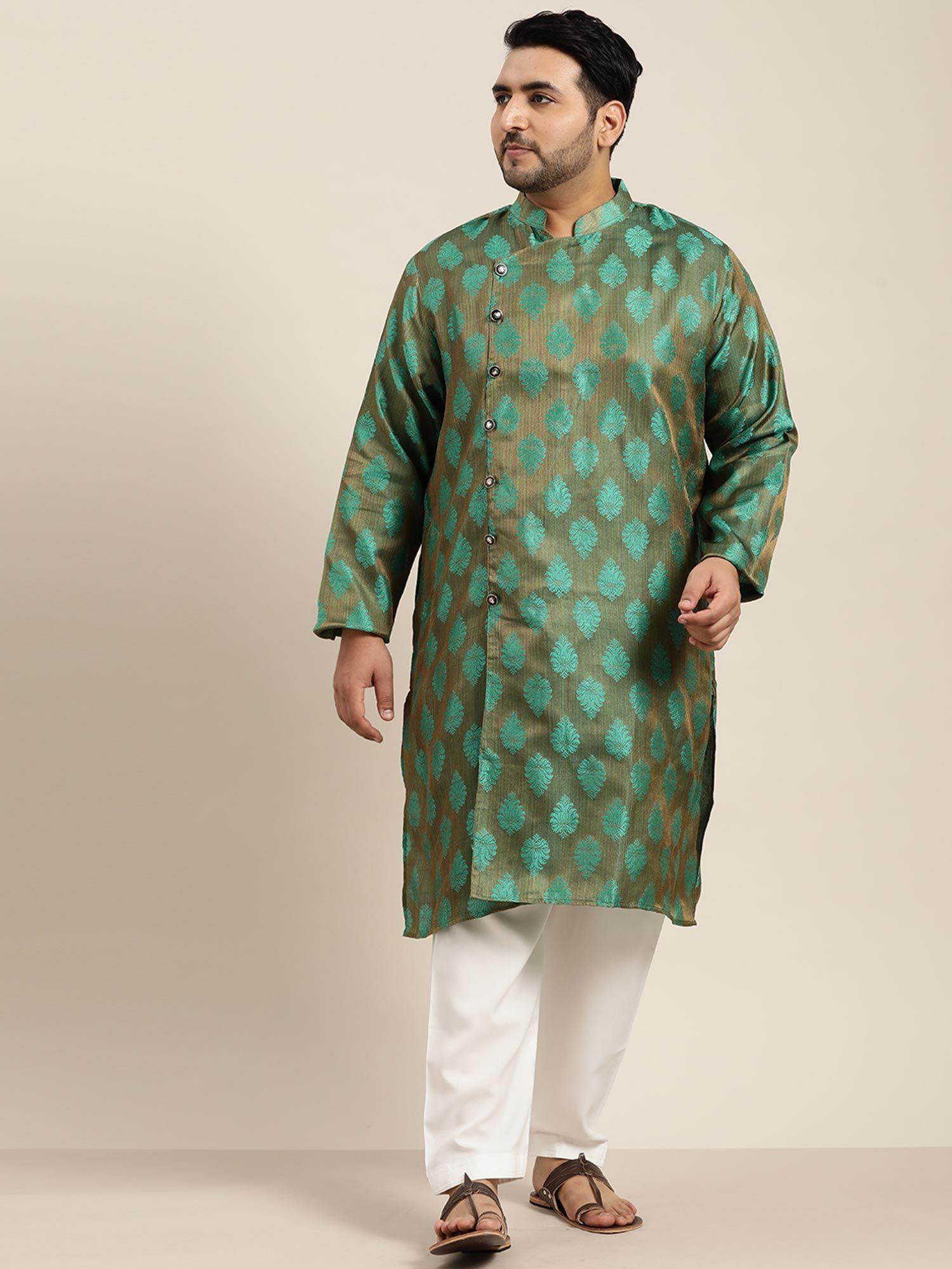 men-jacquard-silk-dark-green-kurta-and-off-white-churidar-pyjama-(set-of-2)