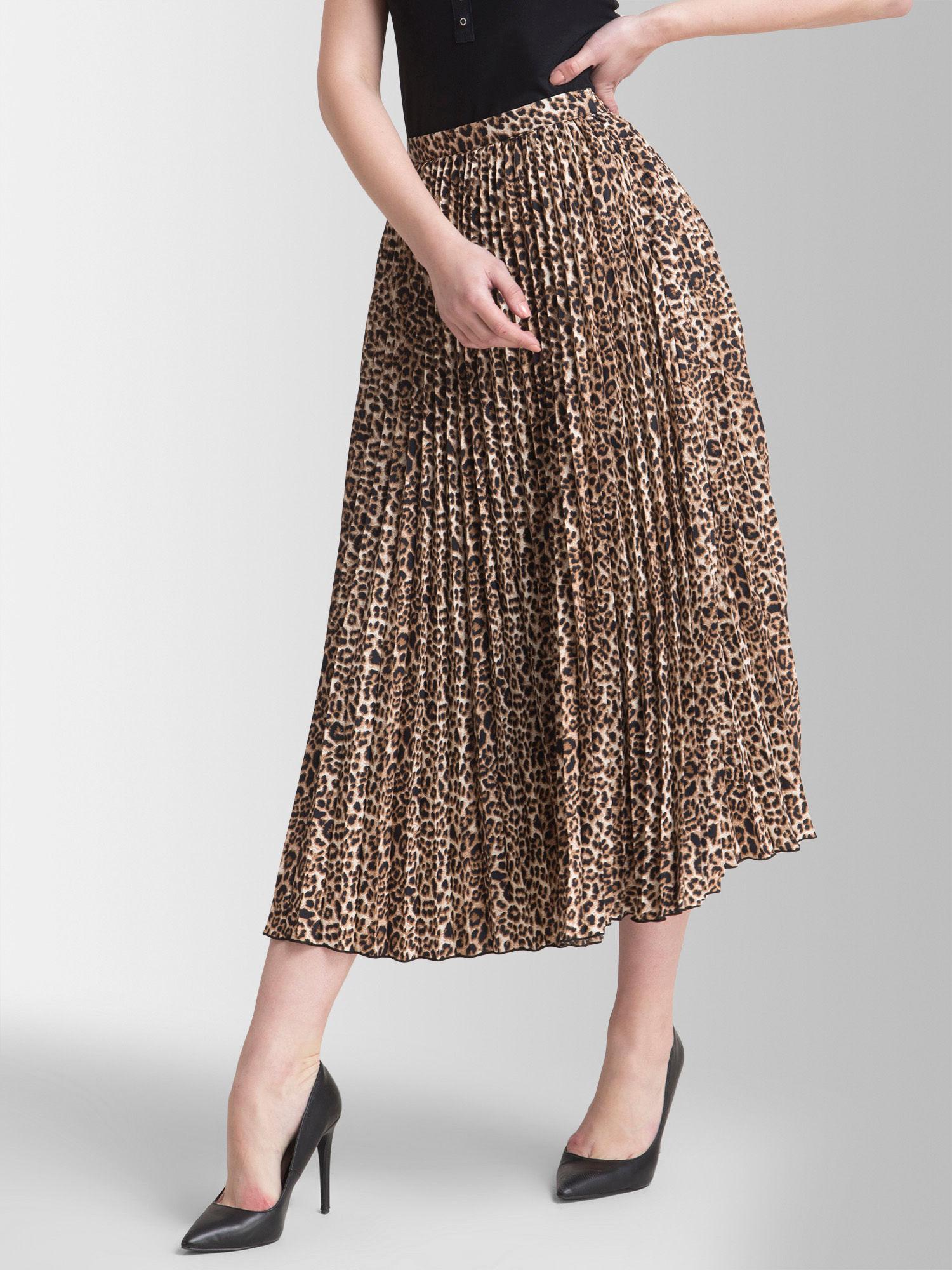 pleated-flared-animal-print-midi-skirt---brown