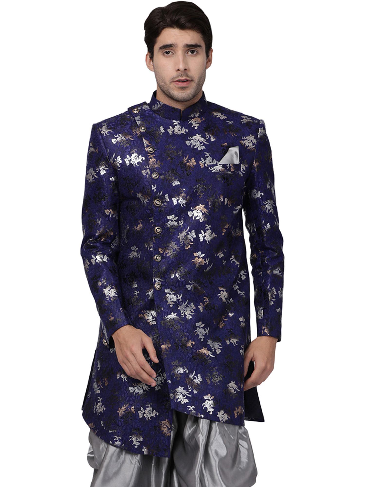 men-blue-polyester-lurex-blend-sherwani-only-top