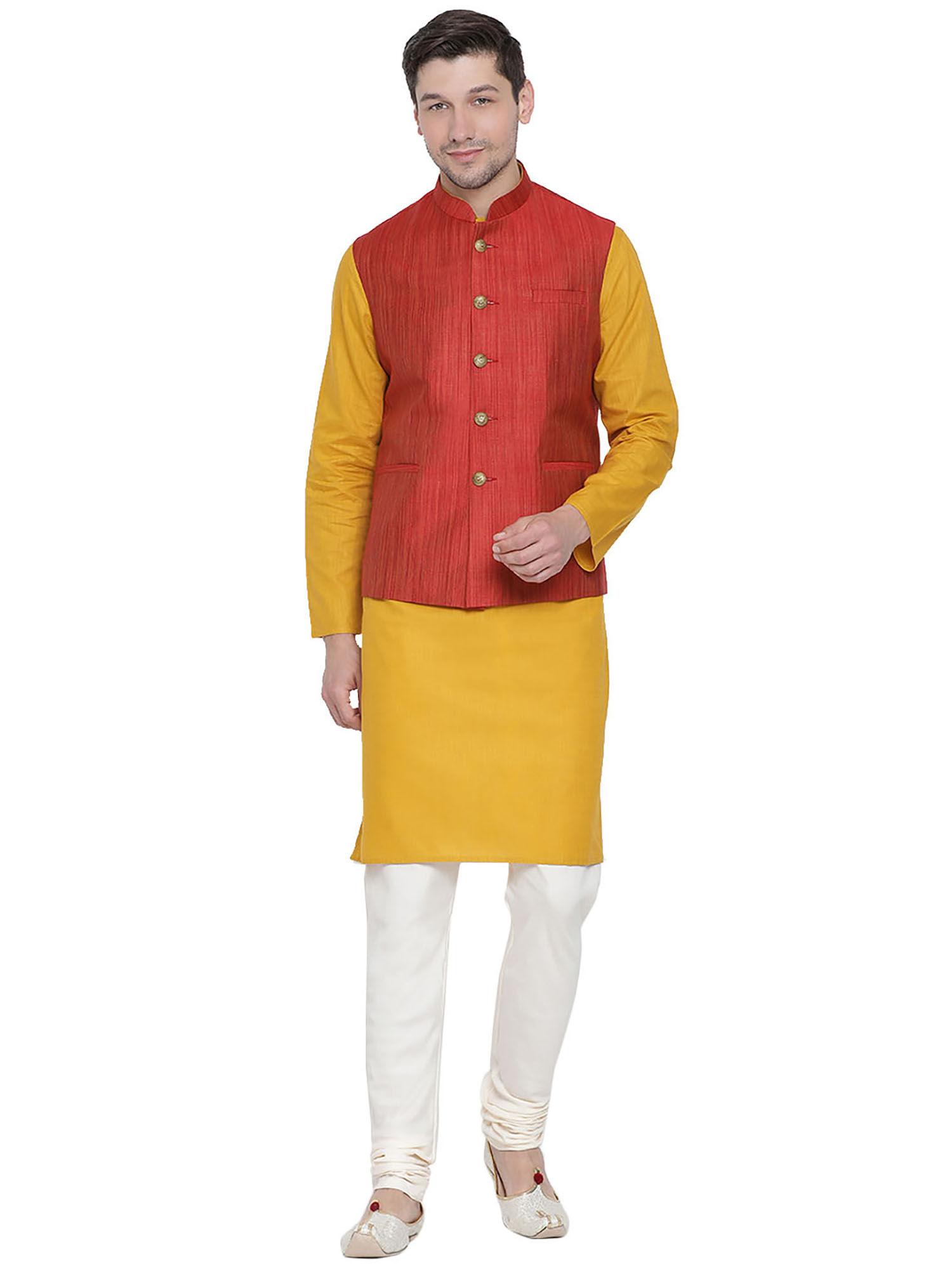 mens-yellow-cotton-linen-blend-jacket,-kurta-and-pyjama-(set-of-3)