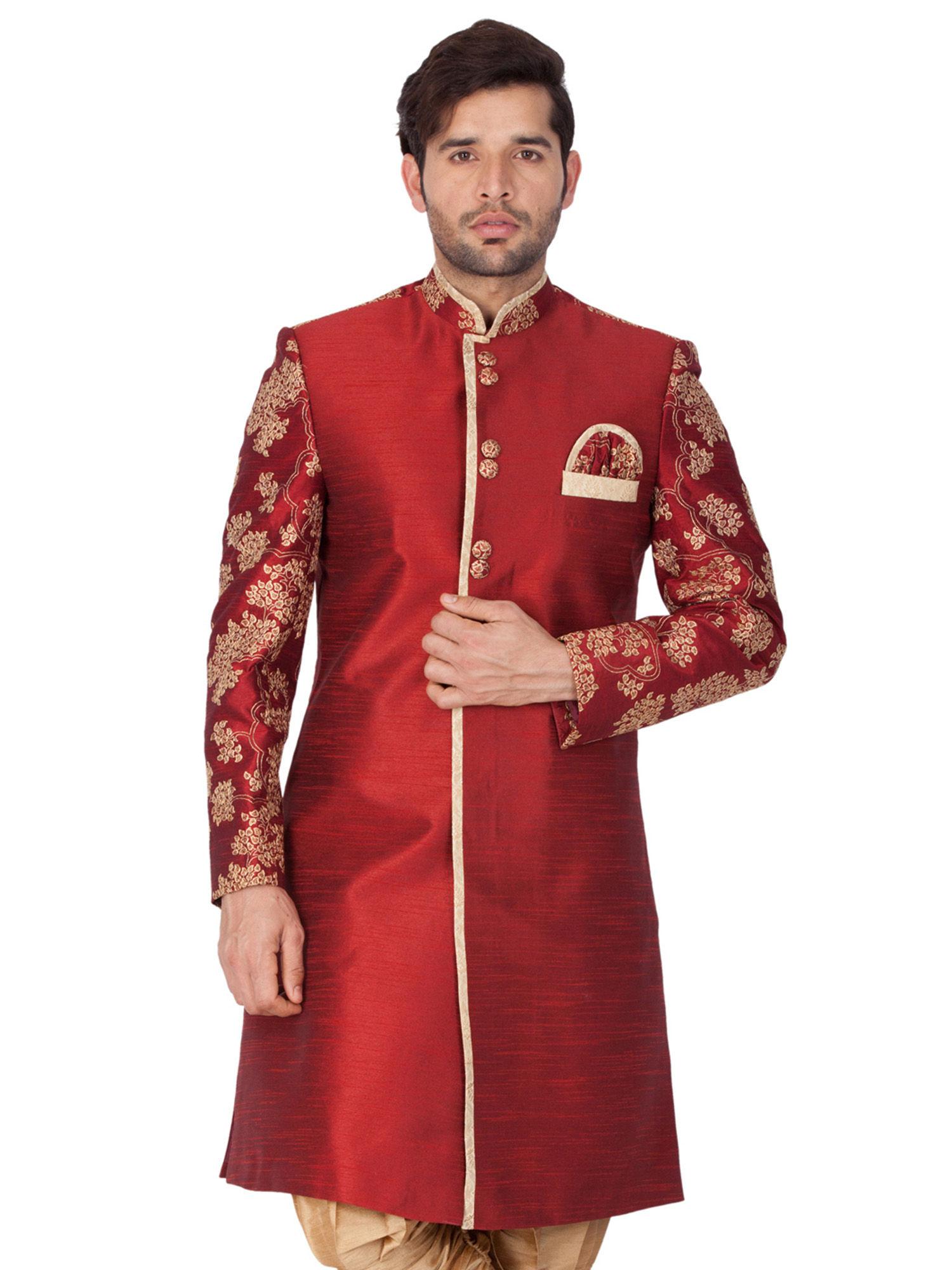 men-maroon-cotton-silk-sherwani-only-top