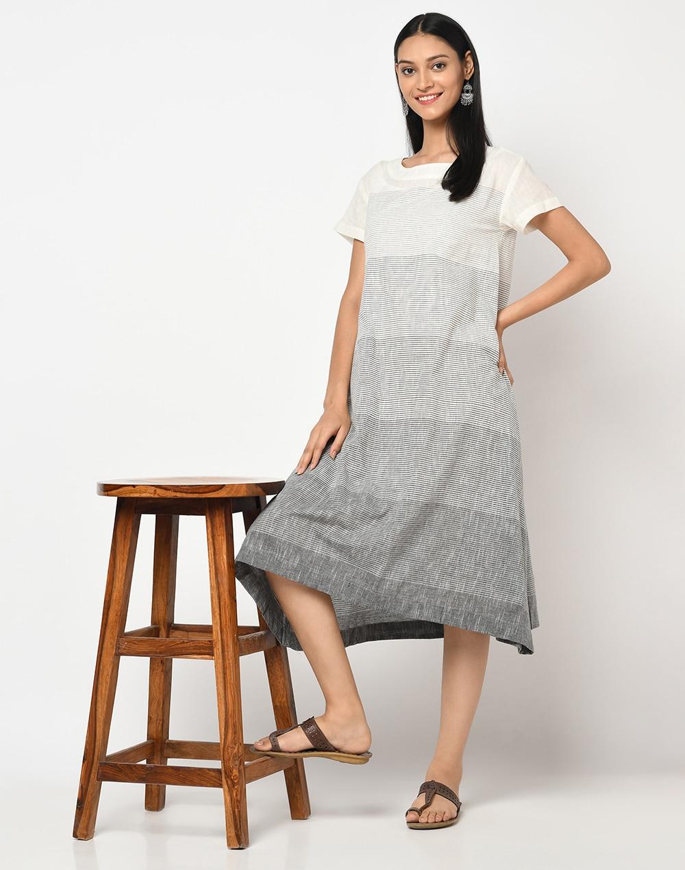 cotton-striped-calf-length-dress