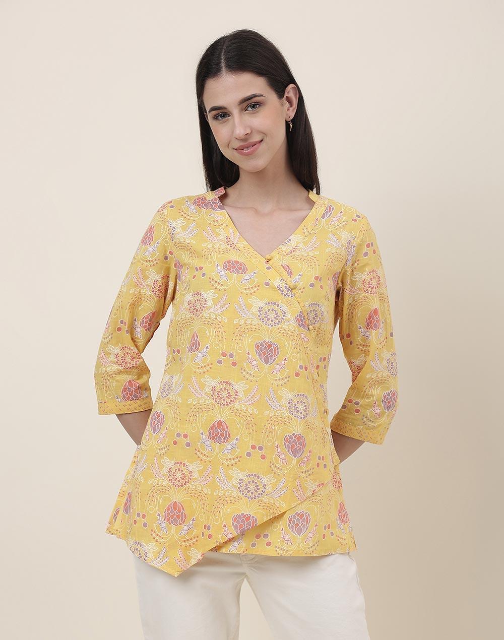 yellow-cotton-printed-short-kurta