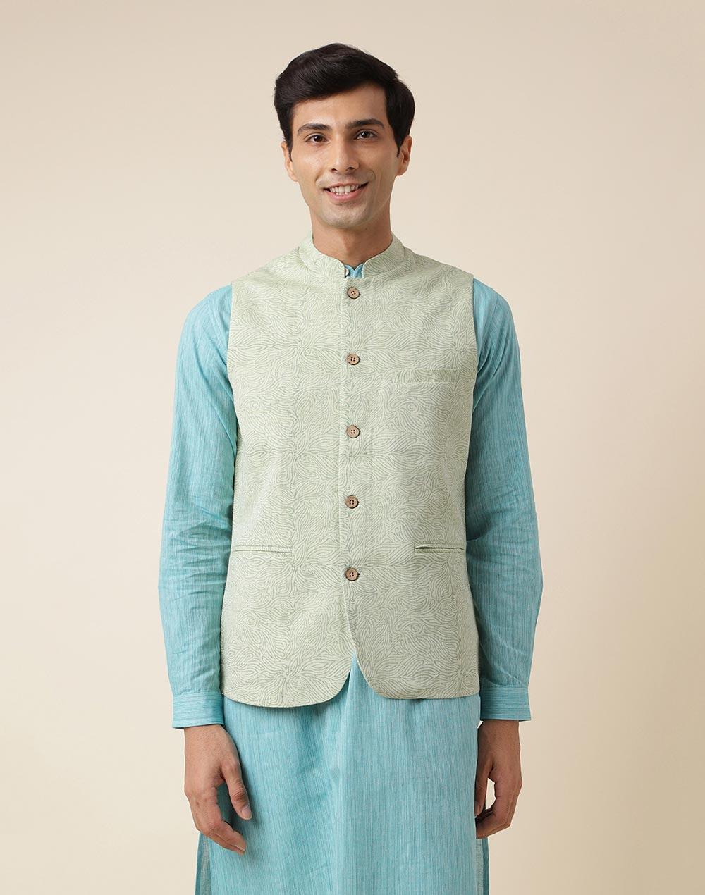 green-cotton-printed-slim-fit-nehru-jacket