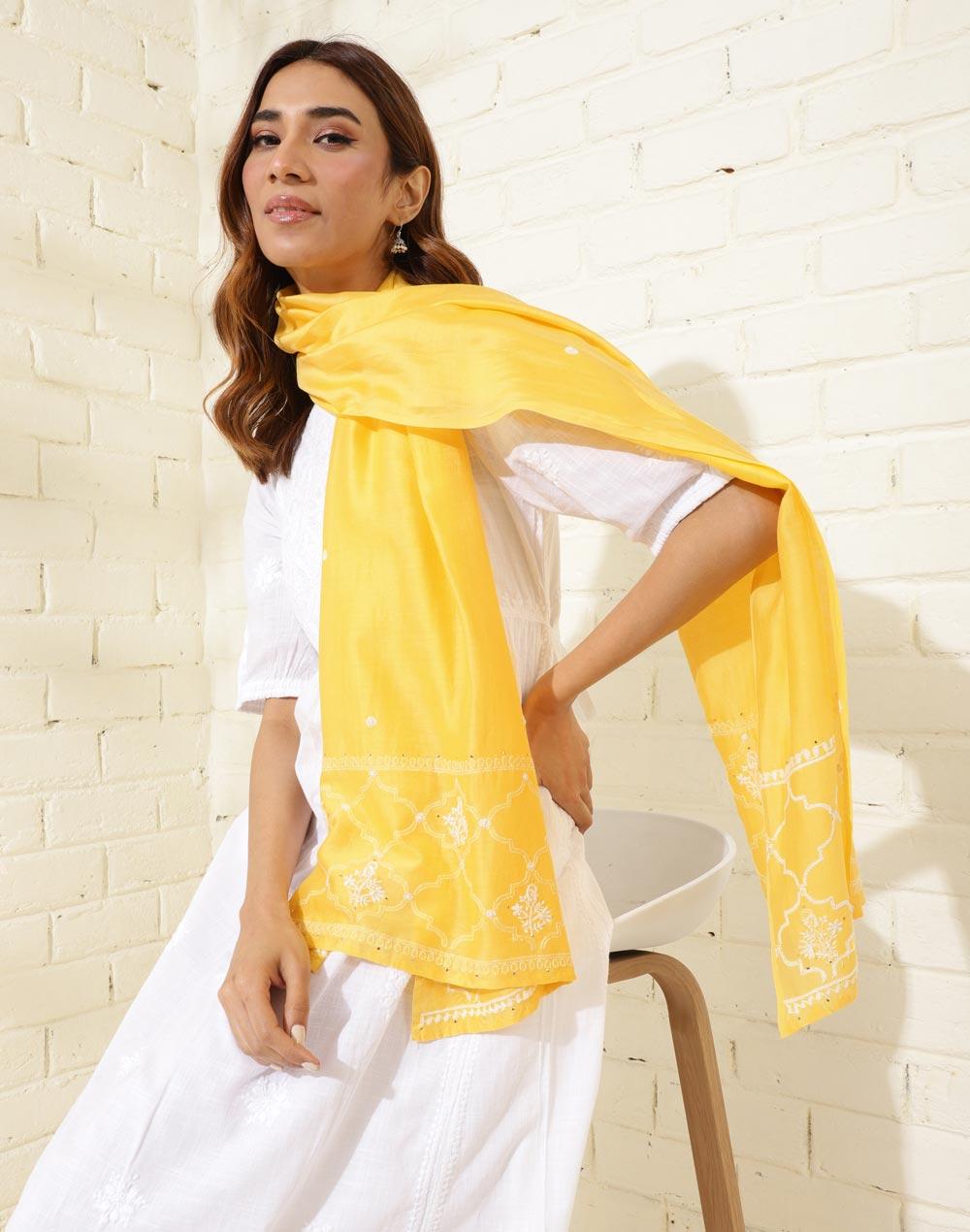 yellow-cotton-silk-chikankari-stole