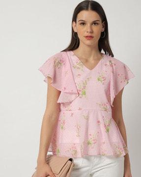 floral-print-v-neck-top-with-flared-sleeves