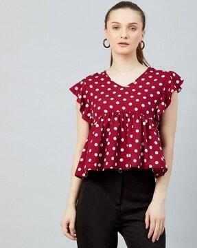polka-dot-print-v-neck-blouse