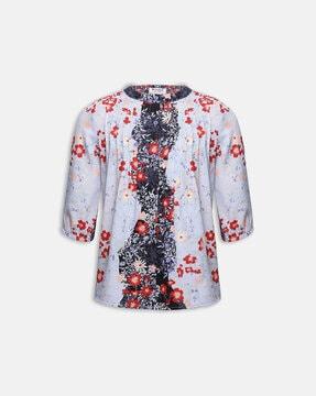 floral-print-band-collar-shirt-top