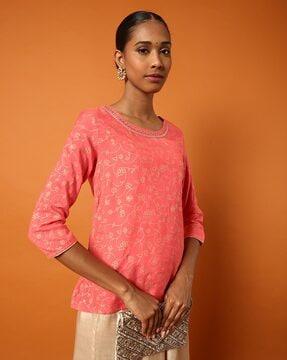 women-printed-straight-tunic-with-embroidered-neckline