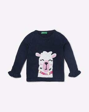graphic-print-pullover-with-pom-poms