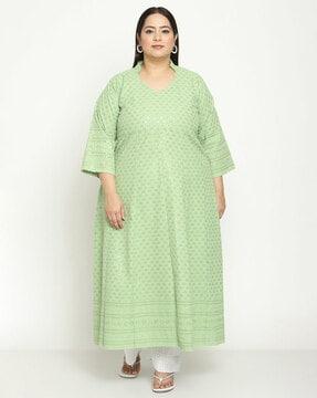queenley-womens-light-green-cotton-anarkali-ankle-length-chikankari-plus-size-kurti