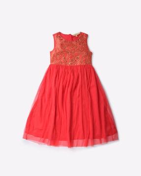 embroidered-round-neck-fit-&-flare-dress