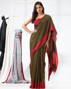 checked-cotton-blend-handloom-saree-with-blouse-piece