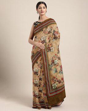 floral-print-silk-blend-saree-with-blouse-piece
