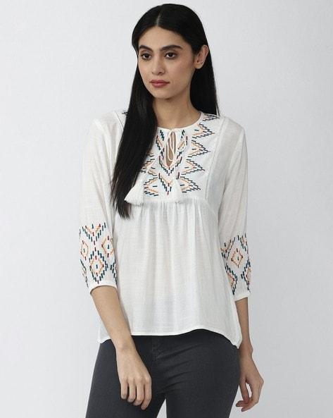 geometric-print-tunic-top-with-neck-tie-up