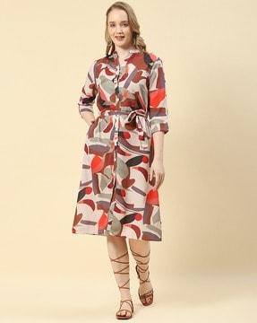 printed-a-line-dress-with-waist-tie-up