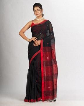printed-cotton-jamdani-saree-with-tassels
