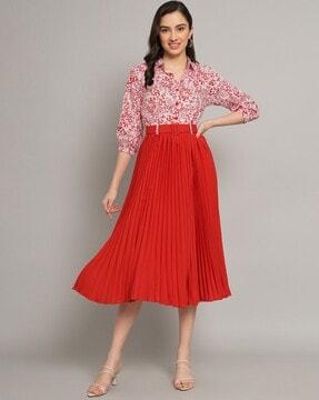 printed-a-line-pleated-dress-with-belt