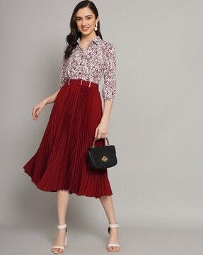 printed-a-line-pleated-dress-with-belt