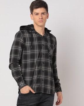 checked-slim-fit-hooded-shirt