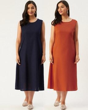 pack-of-2-solid-round-neck-a-line-dress