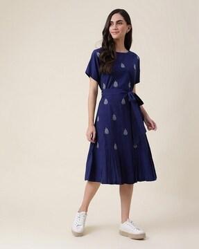 embroidered-fit-&-flare-dress-with-belt