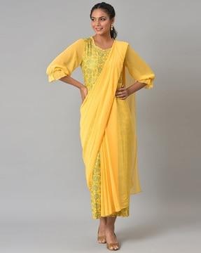 saree-dress-with-georgette-puffy-sleeves