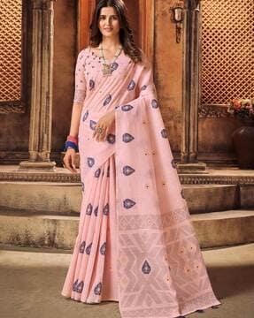 floral-print-saree-with-contrast-border-&-tassels