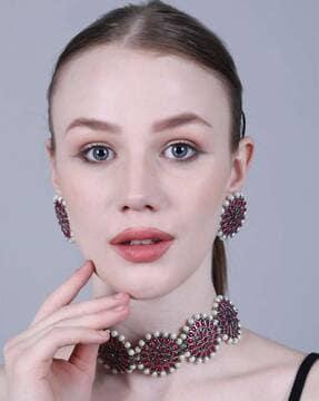 german-silver-pearl-studded-necklace-&-earrings