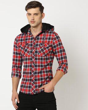 men-checked-regular-fit-hooded-shirt