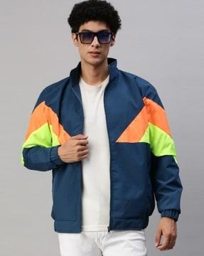 men-colourblock-slim-fit-zip-front-bomber-jacket