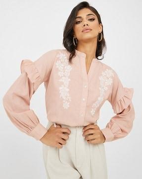 women-embroidered-ruffle-detail-mandarin-collar-shirt