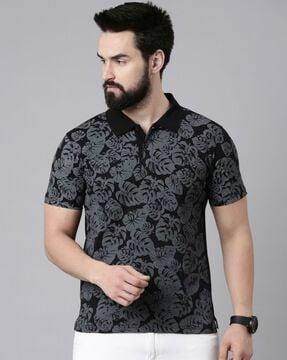 men-leaf-print-regular-fit-polo-t-shirt