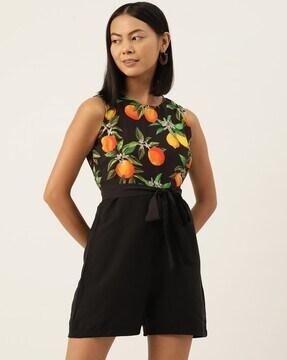 women-printed-sleeveless-playsuit-with-waist-tie-up