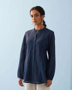 women-floral-lace-pattern-straight-tunic