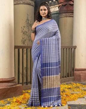 checked-handloom-cotton-saree-with-tassels
