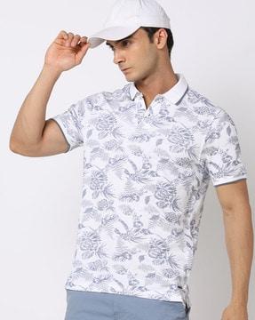 men-leaf-print-regular-fit-polo-t-shirt