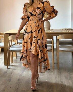 printed-a-line-dress-with-puff-sleeves