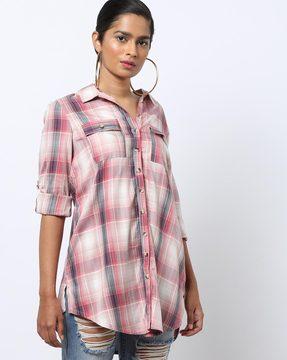 checked-long-shirt-with-buttoned-flap-pockets