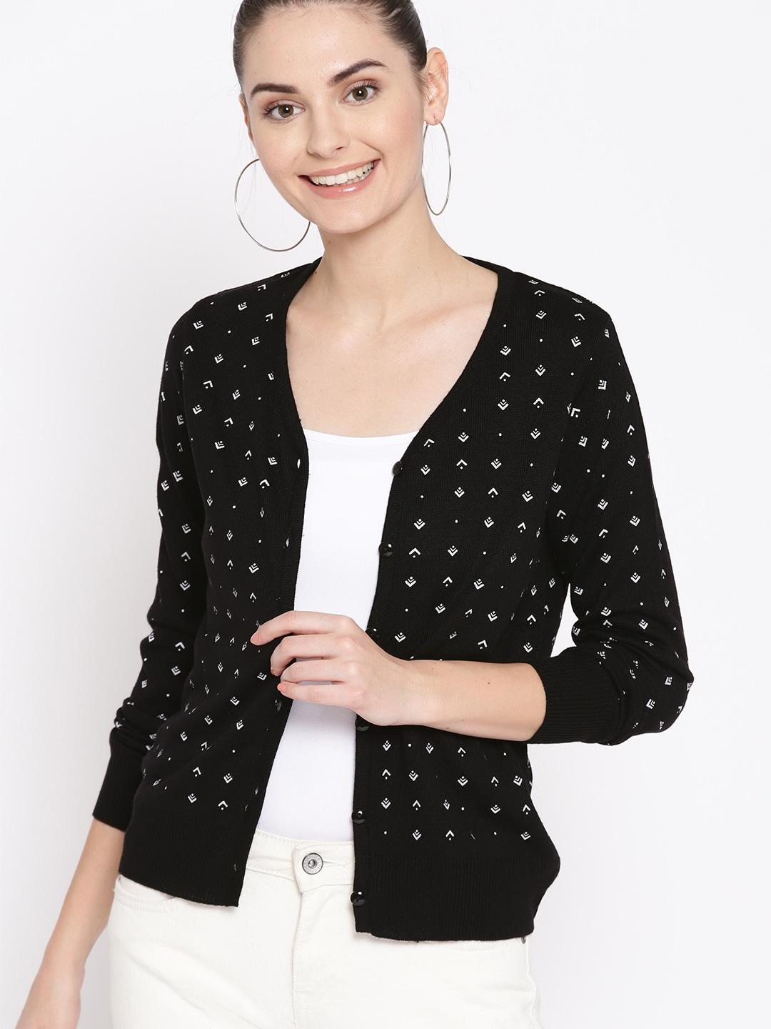 dressberry-women-black-&-white-printed-cardigan