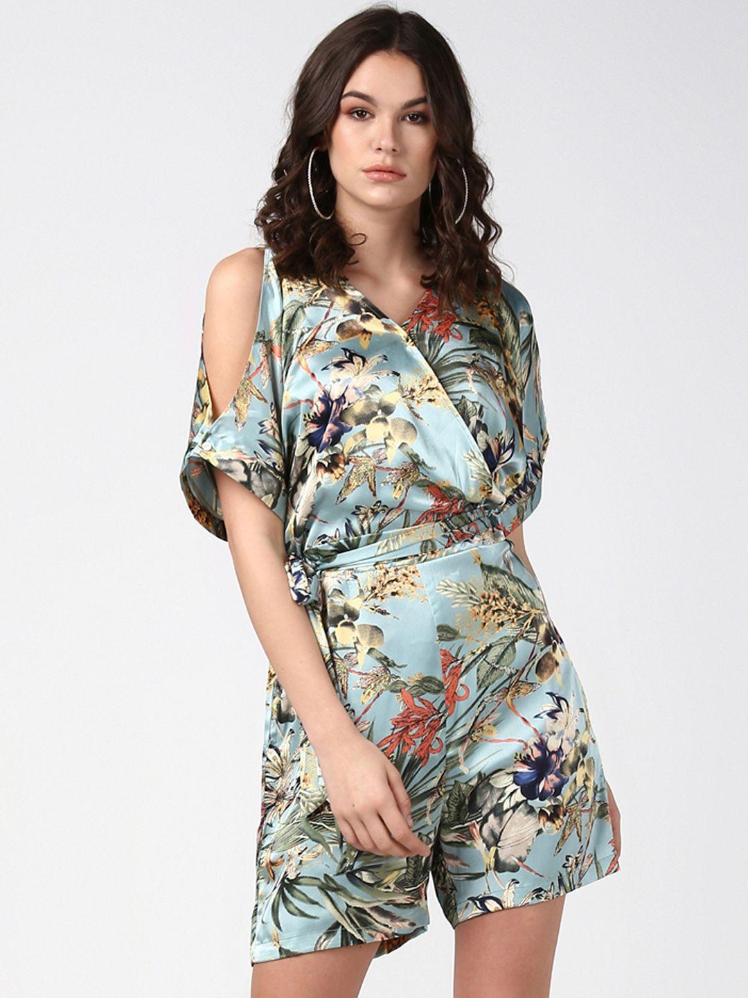 stylestone-women-blue-&-olive-green-tropical-print-cold-shoulder-playsuit