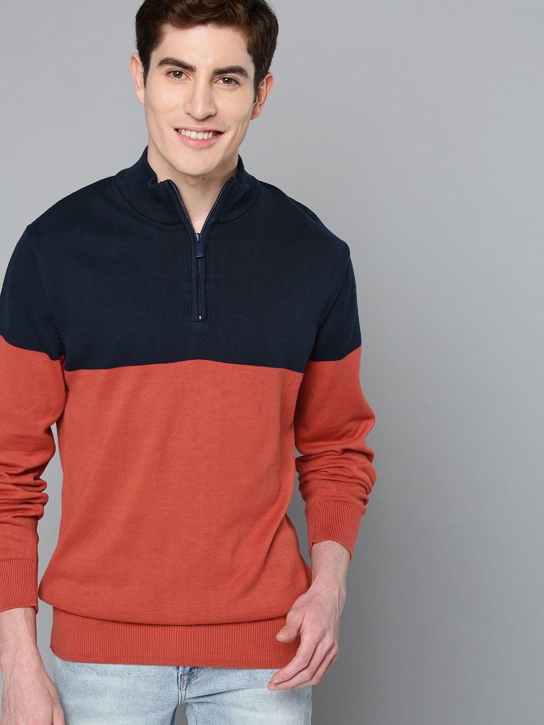 mast-&-harbour-men-navy-blue-&-orange-colourblocked-sweater