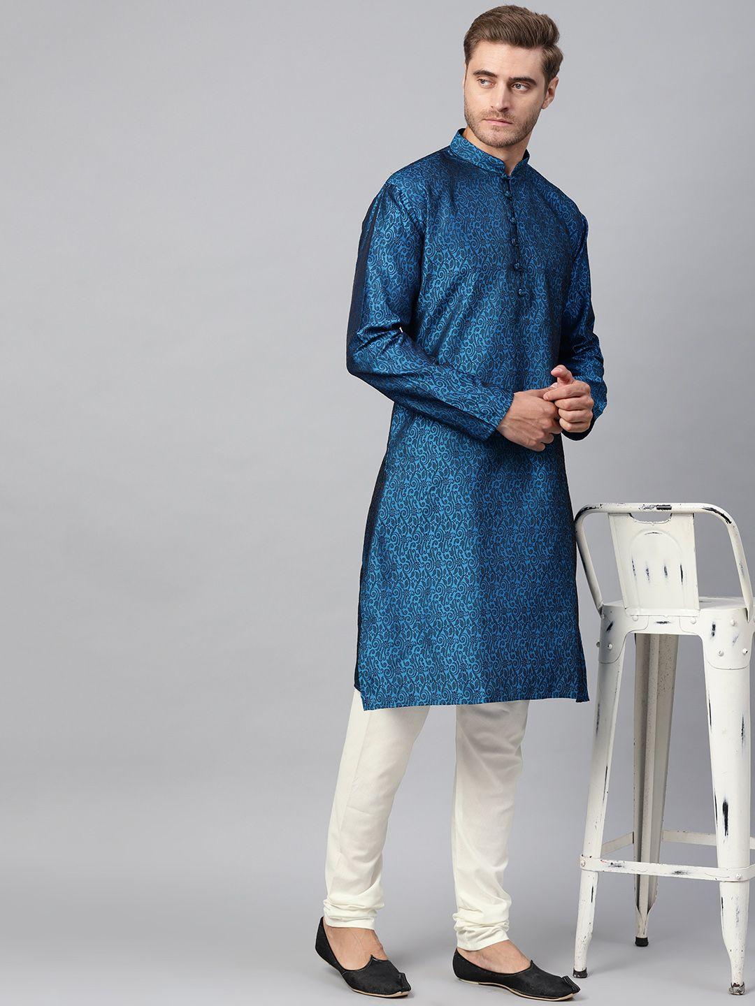 sojanya-men-blue-&-off-white-self-design-kurta-with-churidar