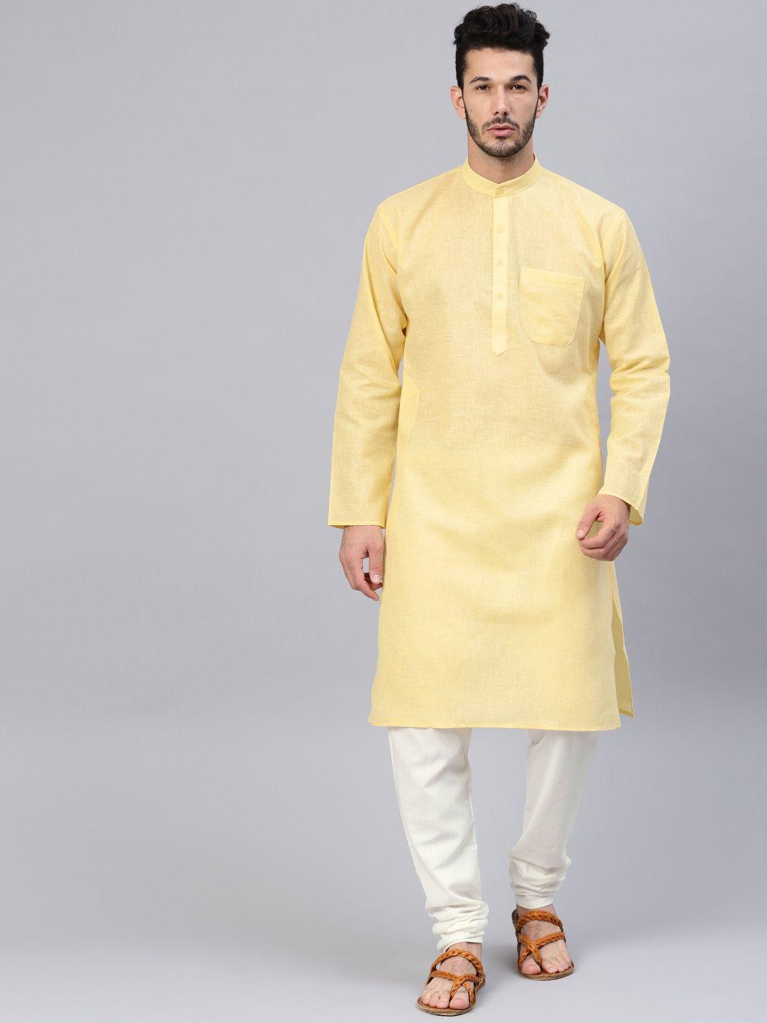 sojanya-men-yellow-&-off-white-solid-kurta-with-churidar