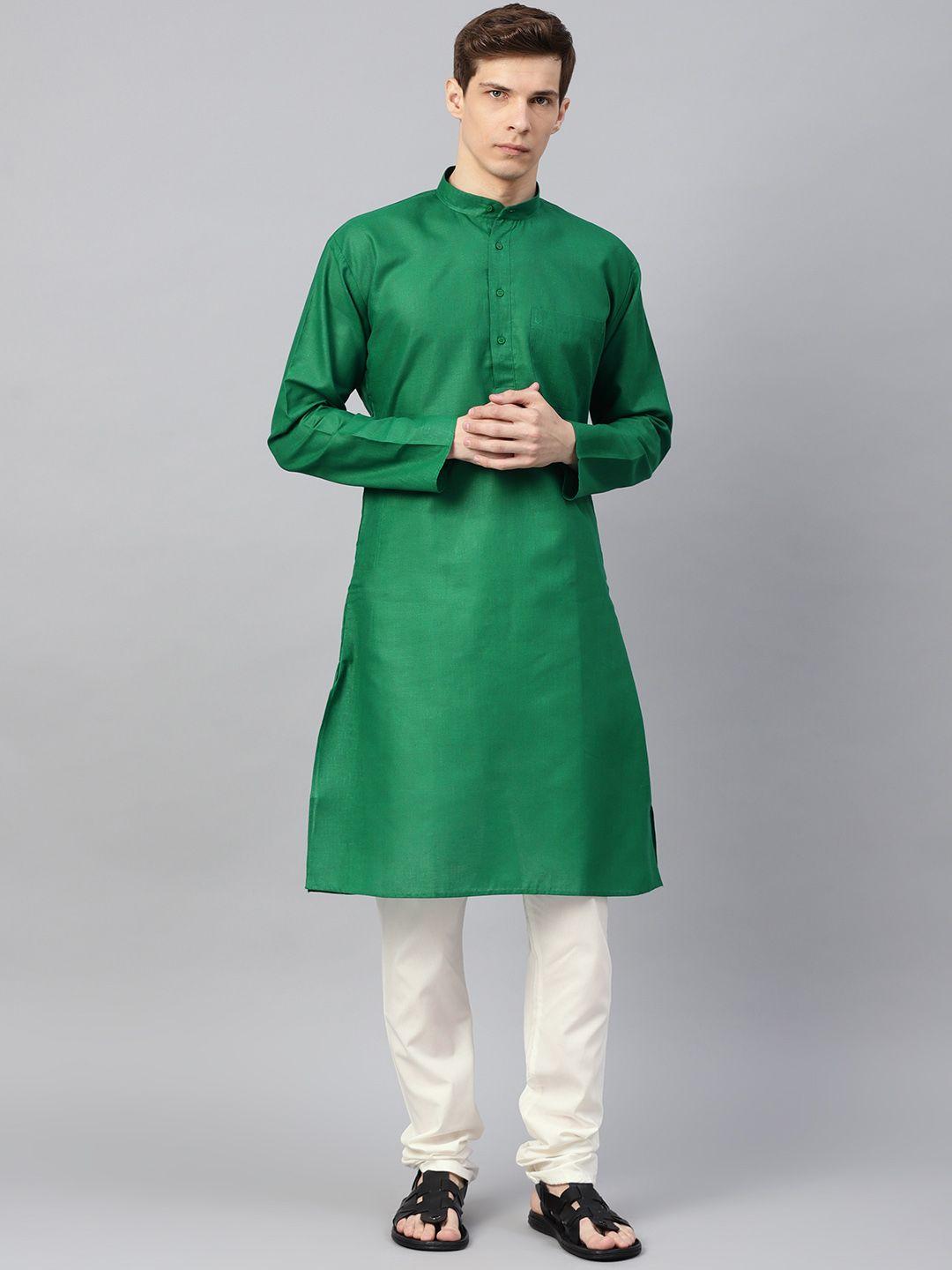 sojanya-men-green-&-off-white-solid-kurta-with-churidar