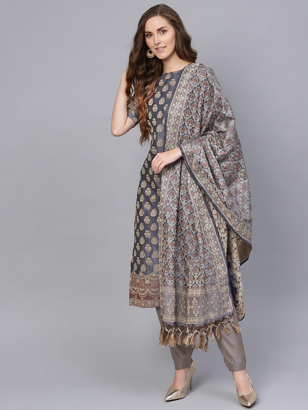 inddus-charcoal-grey-&-beige-unstitched-dress-material