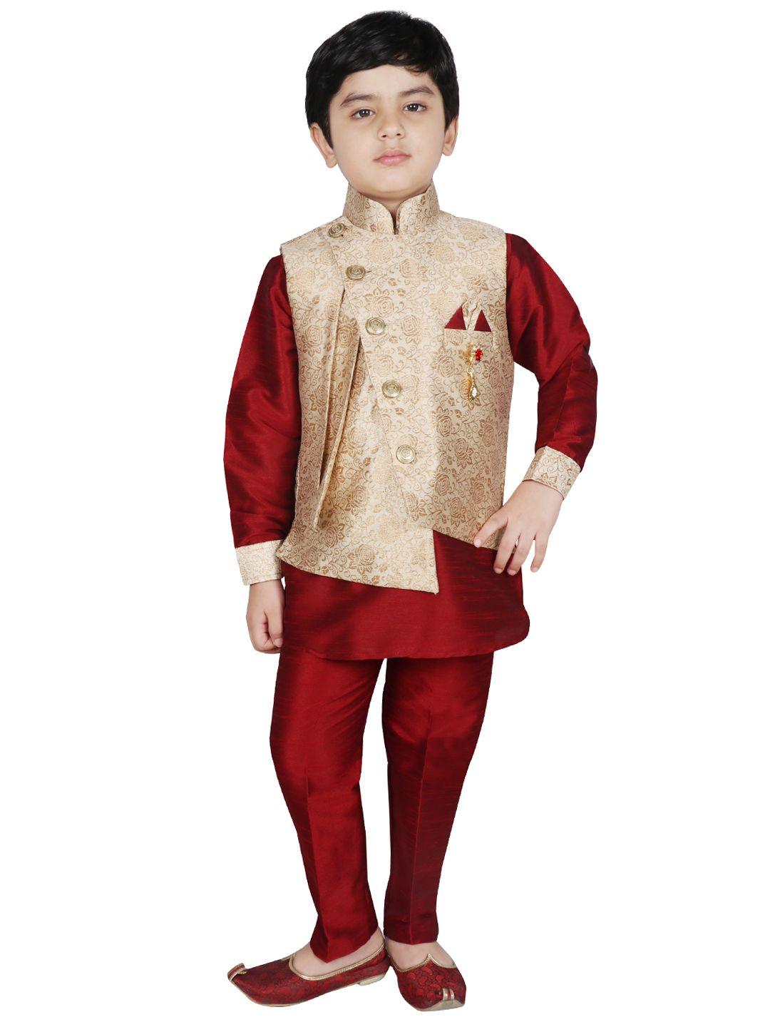 sg-yuvraj-boys-maroon-&-beige-solid-pathani-kurta-with-trousers-&-jacket