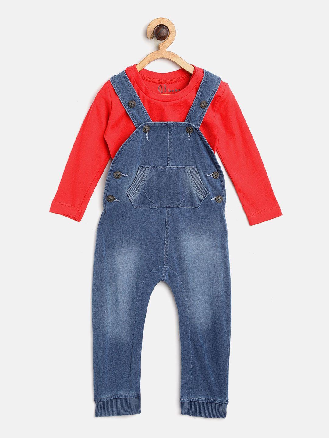 gini-and-jony-kids-red-&-blue-solid-t-shirt-with-denim-dungarees