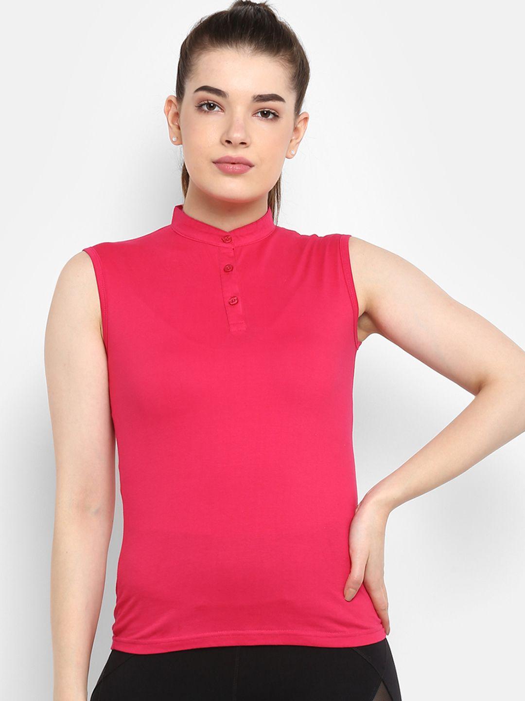 appulse-women-coral-pink-solid-mandarin-collar-t-shirt